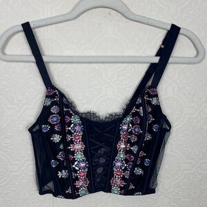 Victoria’s‎ Secret Navy Embroidered Mesh Corset Bustier Top Floral Lace Festival